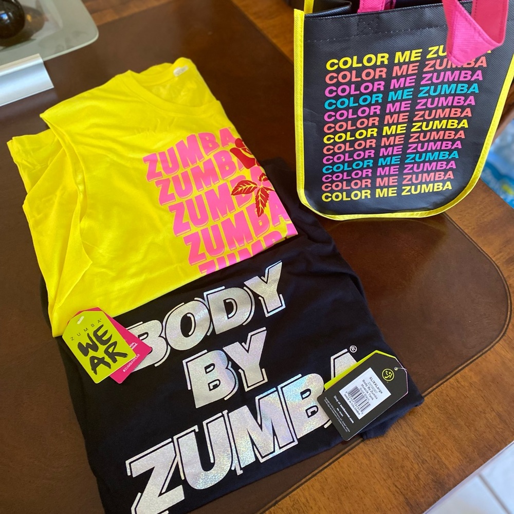 Black/Silver Zumba Muscle Tee & Yellow/Pink Zumba Muscle Tee w/ Zumba Bag